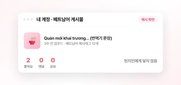 번역기로 쓴 게시물에 반응이 없는 예시 화면